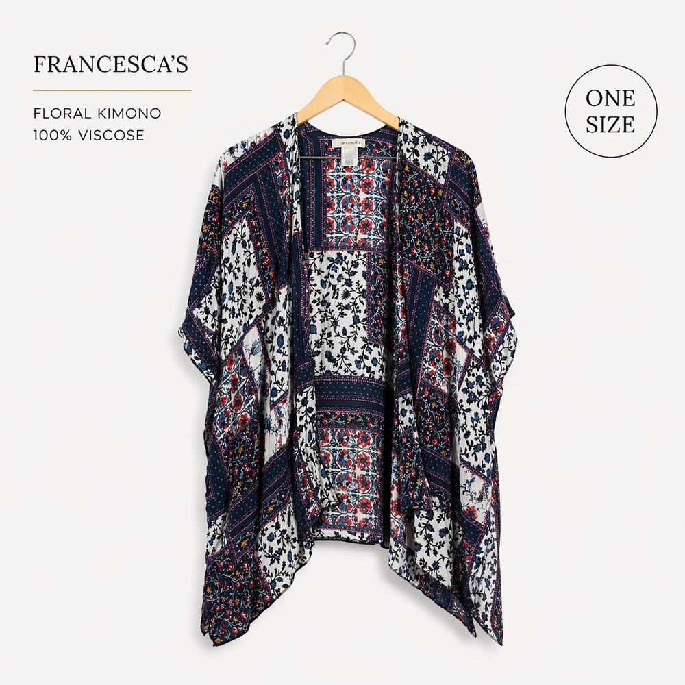 Francesca’s Floral Kimono Boho Open Front Tassel Trim One Size Viscose